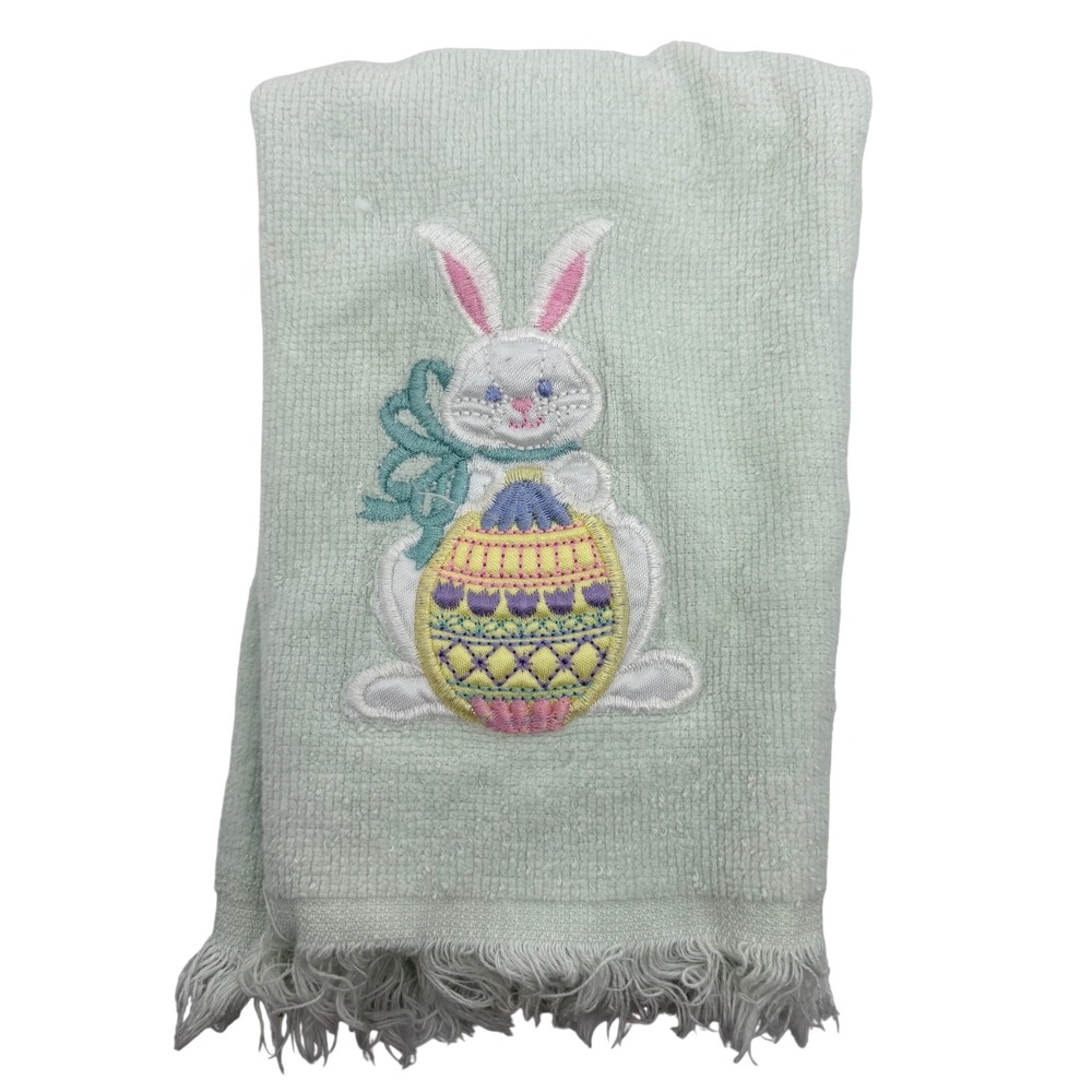 Vtg‎ Easter Bunny Embroidered Hand Towel Light Mint Green Fringed Spring Decor